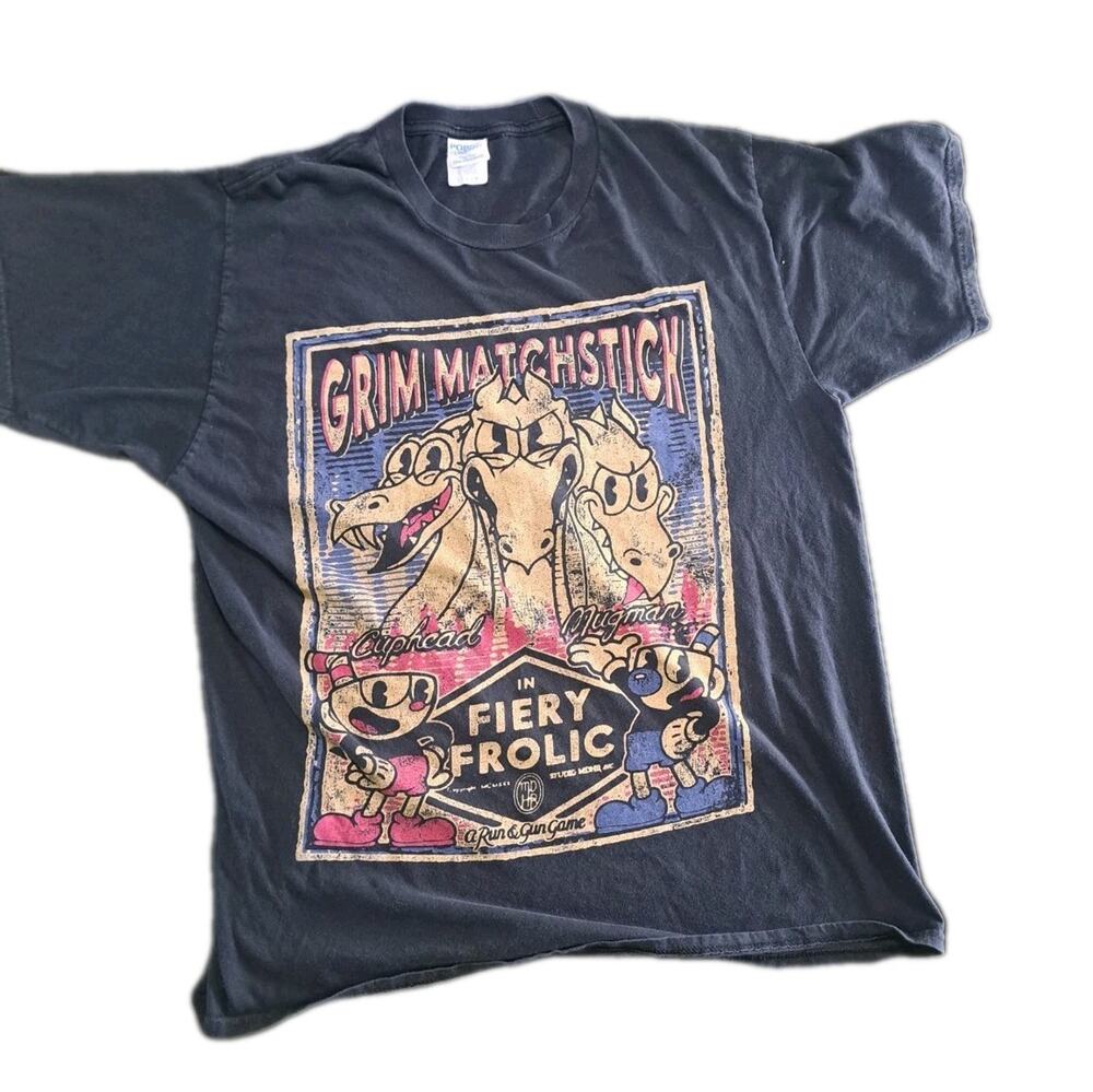 Cuphead Boys Large Graphic T-Shirt Grim Matchstick Fiery Frolic Poster Design